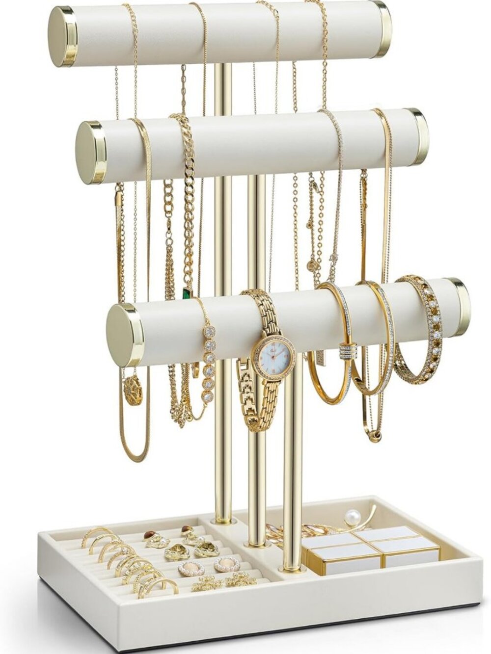 Stylish 3-Tier Leather Jewelry Organizer Stand - Bracelet, Necklace & Earring